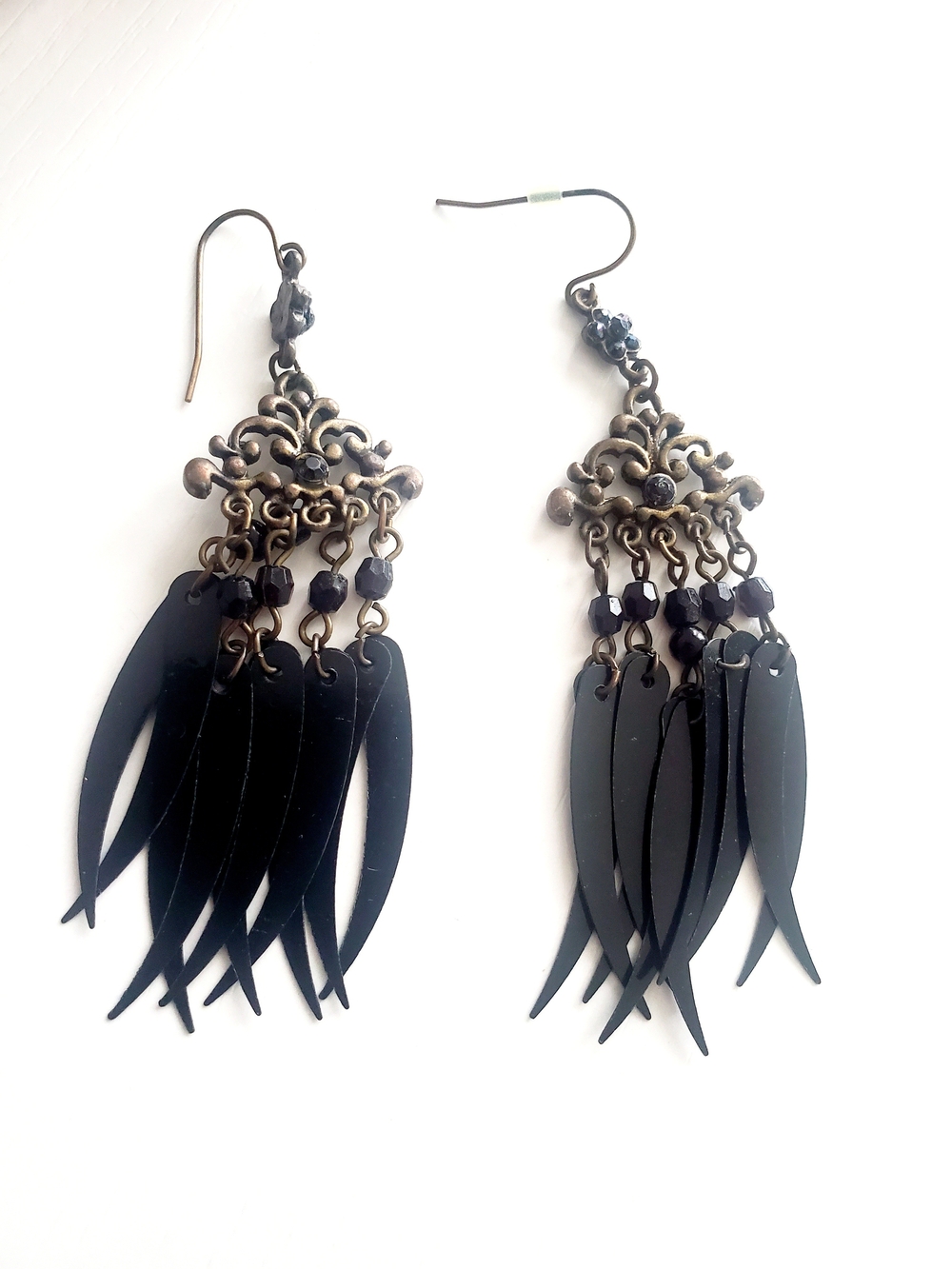 Black Filigree Fringe Drop Earrings with Beaded Accents
